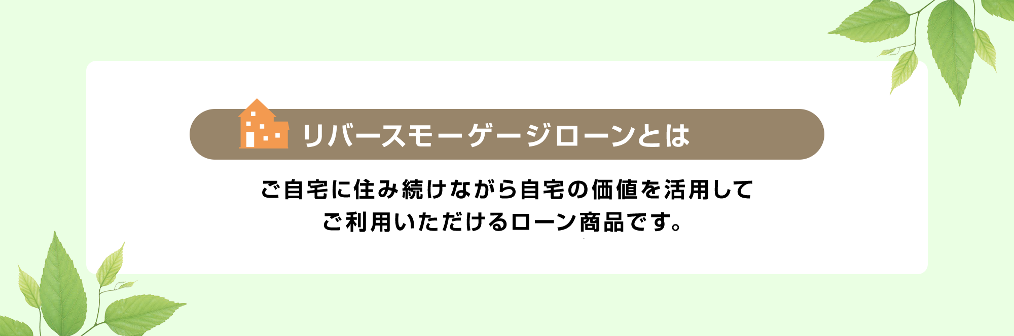 リバースモーゲージローンとはご自宅に住み続けながら自宅の価値を活用してご利用いただけるローン商品です。