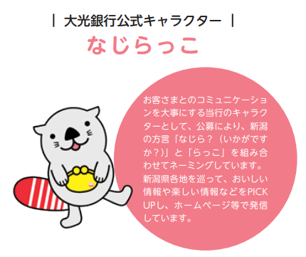お客さまとのコミュニケーションを大事にする当行のキャラクターとして、公募により、新潟の方言「なじら？（いかがですか？）」と「らっこ」を組み合わせてネーミングしています。