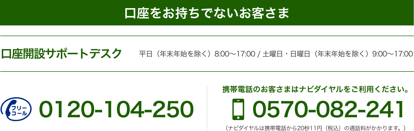 口座をお持ちでないお客さま フリーコール 0120-104-250 携帯電話のお客さまはナビダイヤルをご利用ください。0570-082-241